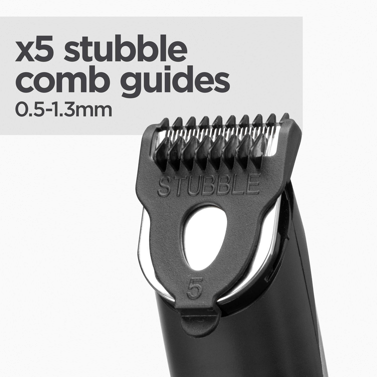 5 opzetkammen voor de  stoppelbaard
Voor lengtes van 0.5-1.3mm